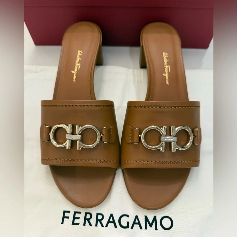 Salvatore Ladies‎ Brown Rhodes Gancini Heel Sandals, Size 9.5 - Picture 4 of 13